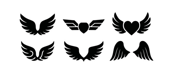 Wall Mural - wings silhouette icon set. flight, angel, bird symbols in silhouette style collection