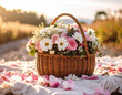 © Arda ALTAY - A wicker basket filled with pink and white flowers rests on a blanket, creating a charming and serene outdoor setting.