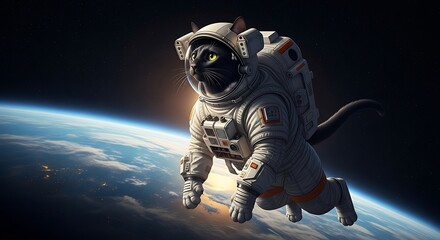 a black cat astronaut floats in space, wearing a spacesuit, near earth.