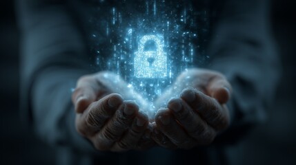 Hands holding digital padlock, cybersecurity concept with binary code