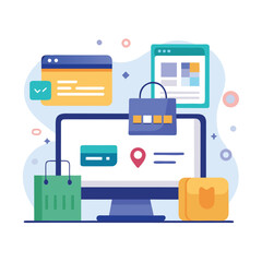 Online shopping and e-commerce concept depicted on computer screen with shopping bags