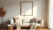 © youngdae - 베이지톤 벽에 액자, 쿠션, 러그와 함께 따뜻한 분위기를 연출하는 인테리어 공간의 모습