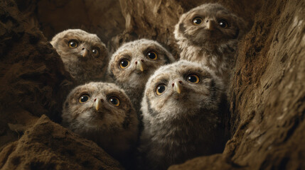 Five adorable owlets peek from their cozy nest, nestled within a dark, earthy crevice.  Their large, bright eyes and fluffy feathers create a heartwarming scene.