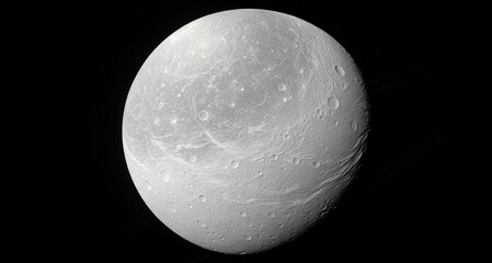 Wall Mural - A detailed, full-disk rendering of Dione, one of Saturn's moons, showcasing its heavily cratered, icy surface with prominent bright wispy streaks, indicative of tectonic fractures.