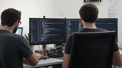 Two developers collaborating at a modern workspace, coding on dual monitors with plants in the background