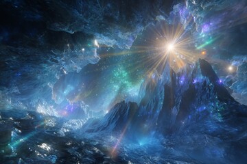 Wall Mural - Crystal Mountains in a Blue Nebula Galaxy