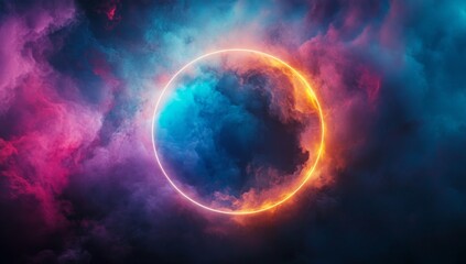 Wall Mural - Glowing Neon Circle in Vibrant Pink Blue and Orange Smoke Clouds