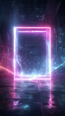 Wall Mural - Glowing Neon Pink and Blue Frame in Dark City Night