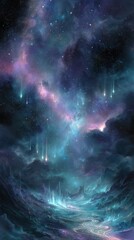 Wall Mural - Magical Night Sky with Shooting Stars Over a Glimmering City