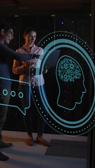Wall Mural - animation of ai scanner, brain and chat icons over diverse technicians in dark server room