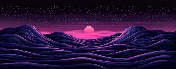 Wall Mural - Pixel Art Sunset Landscape with Purple Mountains and Pink Sky