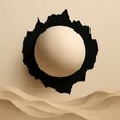 © Prime path 515 - Contemporary abstract 3D composition with beige sphere inside black torn paper circle and layered wavy shapes, modern minimal art design for creative backgrounds and elegant decor