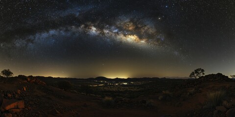 Wall Mural - A breathtaking view of the Milky Way stretching across the night sky above mountains