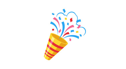 A party popper with colorful confetti and streamers exploding upwards on a white background.