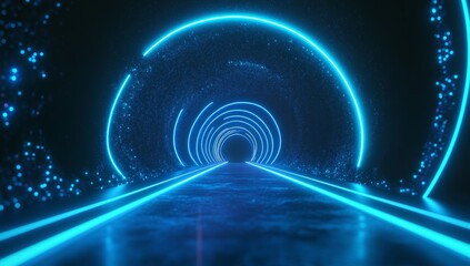 Wall Mural - Abstract Blue Neon Tunnel with Glowing Circles and Particle Effects