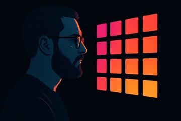 profile of young man with beard and glasses in dark background with vibrant gradient neon squares in