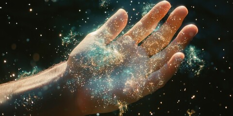 Wall Mural - A close-up of hands covered in starry textures, dissolving into space.