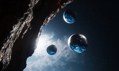 Wall Mural - Celestial Bodies Orbiting Near a Rocky Cliff in Space