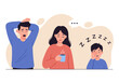 © Kecebong Anyut - A tired family, including a yawning man, a woman with a coffee cup, and a sleepy child, illustrates exhaustion and fatigue against a neutral backdrop.