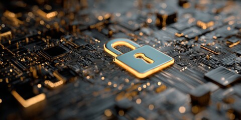 Wall Mural - digital security concept with golden padlock on circuit board background representing data protectio
