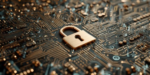 Wall Mural - golden padlock on circuit board background representing cybersecurity and digital protection in tech