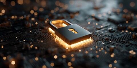 Wall Mural - abstract digital representation of a padlock on a circuit board, symbolizing cybersecurity, encrypti