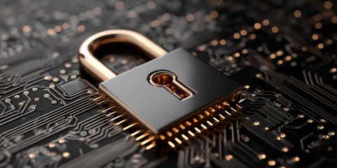 Wall Mural - metallic padlock resting on a dark circuit board background conveying security, technology, and digi