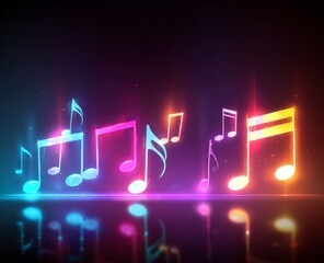 Wall Mural - Colorful Neon Music Notes Glowing on Dark Background
