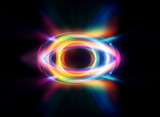 Wall Mural - rainbow glowing light form on black. dynamic vibrant energy radiates outward. abstract shape with co