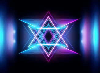 Wall Mural - a vibrant neon geometric shape glows with blue and purple lights against a dark background. abstract