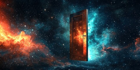 Wall Mural - A door floating in space, leading to an alternate reality filled with vibrant colors.