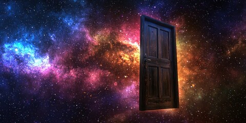 Wall Mural - A door floating in space, leading to an alternate reality filled with vibrant colors.
