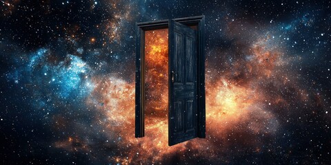 Wall Mural - A door floating in space, leading to an alternate reality filled with vibrant colors.