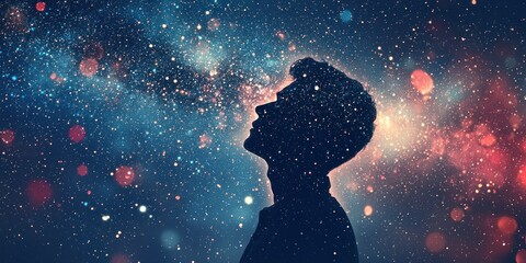 Wall Mural - A double-exposed image of a person with a night sky full of stars