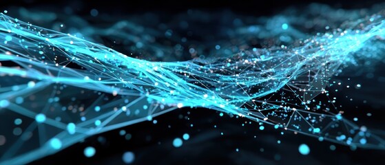 Abstract network of glowing turquoise lines and points