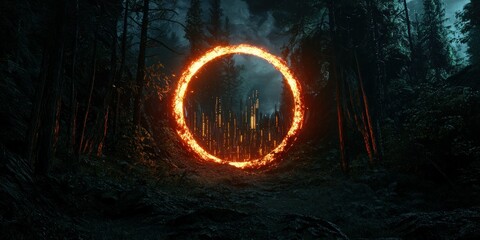 Wall Mural - A glowing circular portal in the middle of a dark forest, revealing a futuristic city.