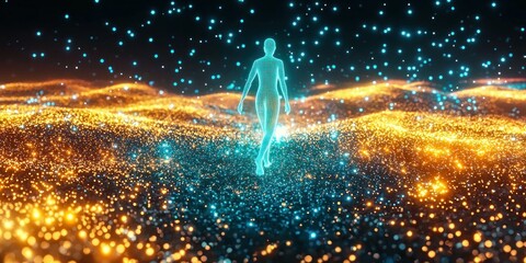 Wall Mural - a glowing human figure walking through a cosmic field of floating lights.