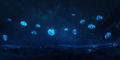 Wall Mural - a group of jellyfish floating in deep blue ocean waters, illuminated with bioluminescent colors