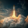 © md - Rocket. Space shuttle with smoke and explosion takes off into space with sky background. Successful start of a space mission. Travel to Mars. Boy watching rocket ... See More