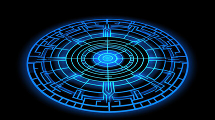 Wall Mural - futuristic circular network design with bright blue glow on dark background for digital art, technol