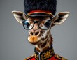© Nopadol - a giraffe dressed as a military band member, complete with glasses, a beret, and an officer's uniform. it is standing in front of a backdrop that resembles a cloudy sky
