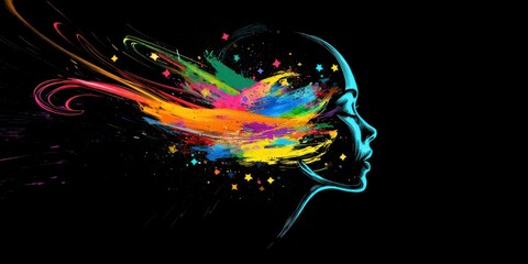 Wall Mural - a human head bursting with colors, stars, and abstract ideas, symbolizing limitless creativity.