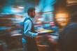 © SerPak - Caucasian male waiter serving in busy restaurant with motion blur.