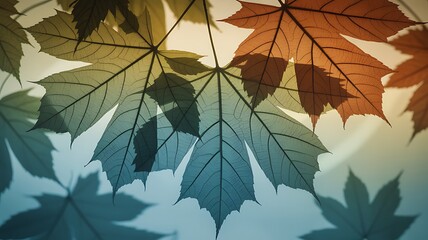 Canvas Print - translucent maple leaves with overlapping veins autumn colors image