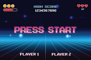Wall Mural - press start insert a coin to continue. pixel art .8 bit game. retro game. for game assets. retro fut