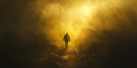 Wall Mural - a lone traveler walking through a misty forest, enveloped in deep shadows and golden highlights