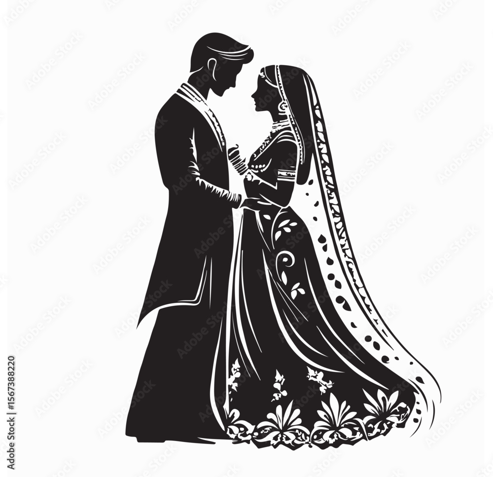 Indian bride and groom silhouette illustration vector isolated on white  background. Stock Vector | Adobe Stock, image size:1000x967