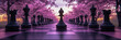 © FARZANA - A large chess board featuring black and pink chess pieces, set up outdoors with blooming cherry blossom trees in the background,