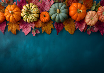 Poster - A festive autumn arrangement of pumpkins and colorful fall leaves creating a border on a deep teal background for seasonal greetings