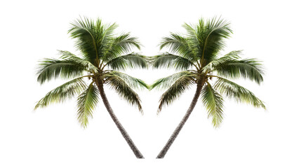 Wall Mural - double coconut trees crossing each other, symmetrical composition transparent background, png